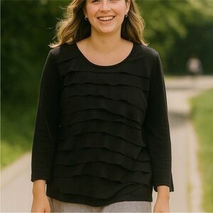 Chico's Travelers Size 3 Textured Ruffle Tier Blouse Black Chiffon Top Chicos XL